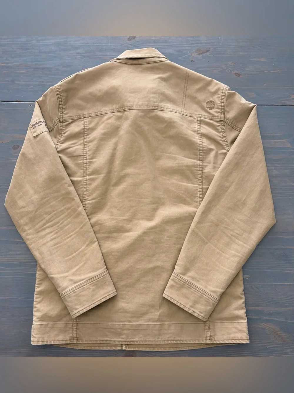 Timberland men’s military/field-style jacket in tan/khaki, size Small.